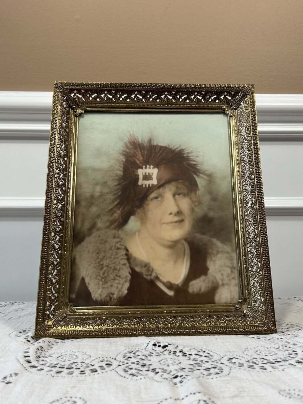 Antique Art Deco Flapper Portrait Brass Filigree Picture Frame 10"x12"